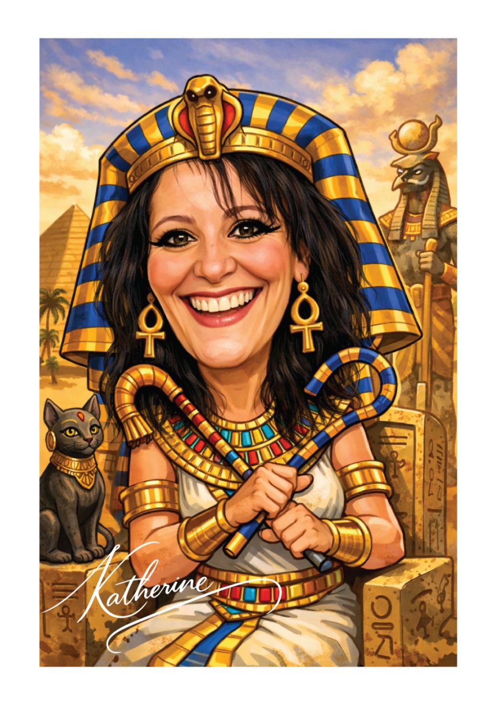 Personalized caricature of a woman as an Egyptian pharaoh.