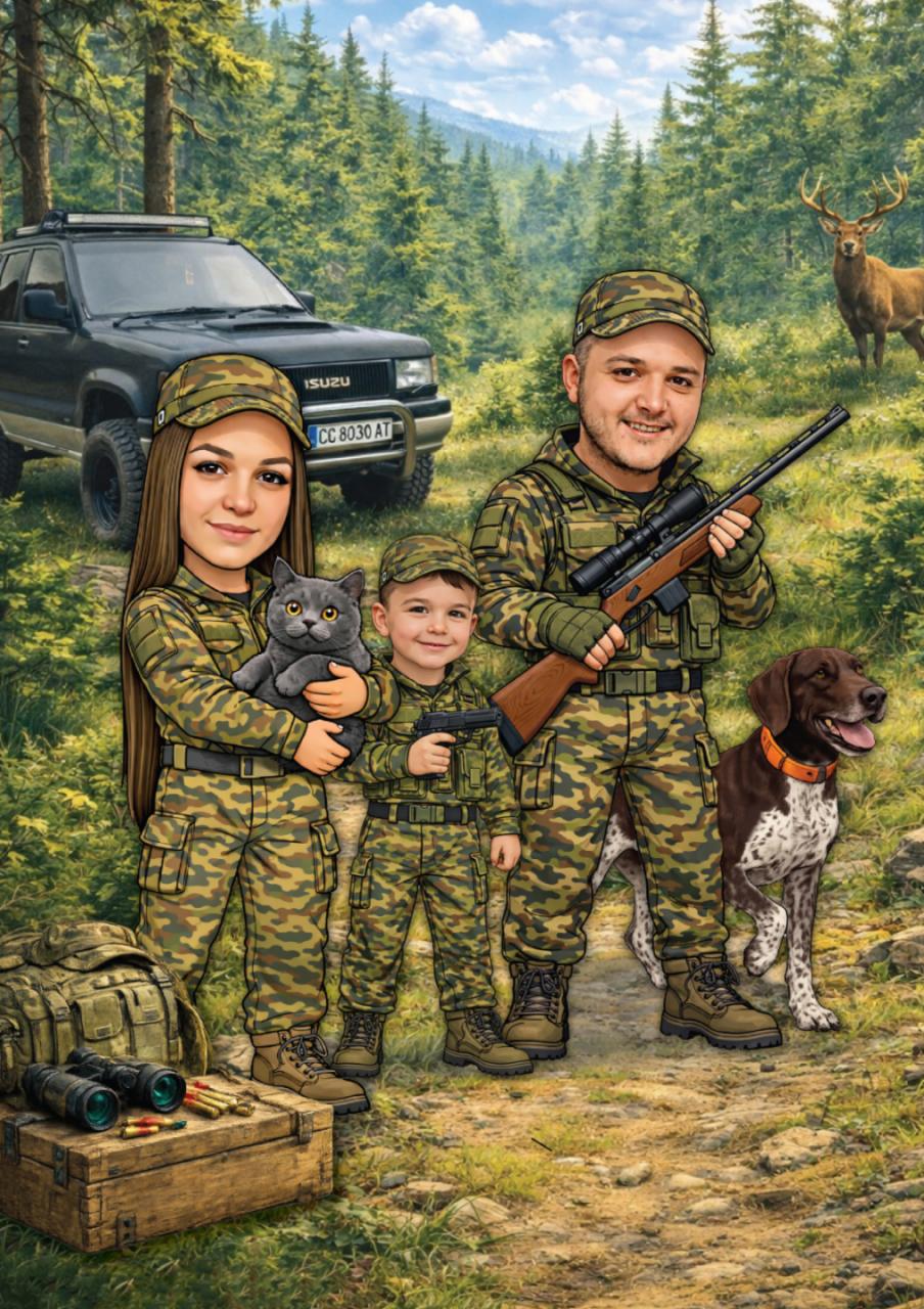 Family hunting caricature